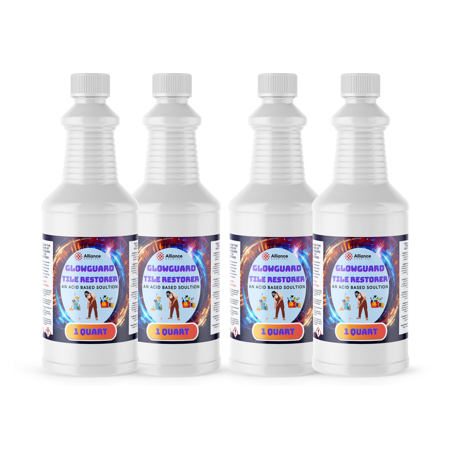 4x1-quart Glowguard Tile Restorer acid-based solution in white HDPE bottles with ribbed grip design, hazard symbols, and illustrated cleaning application labels.